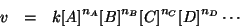 \begin{eqnarray*}
v&=&k\ConcOf{A}^{n_A}\ConcOf{B}^{n_B}\ConcOf{C}^{n_C}\ConcOf{D}^{n_D}\cdots
\end{eqnarray*}