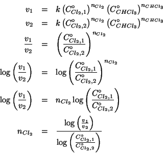 \begin{eqnarray*}
v_1&=&k\Parenthesis{\CZeroOf{Cl_2,1}}^{n_{Cl_2}}\Parenthesis{\...
...\log\Parenthesis{\frac{{\CZeroOf{Cl_2,1}}}{{\CZeroOf{Cl_2,2}}}}}
\end{eqnarray*}