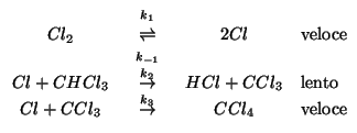 $
\begin{array}{cccl}
Cl_2&\begin{array}{ccc}{\scriptstyle{k_1}}\\ \rightlefthar...
...nto}\\
Cl+CCl_3&\stackrel{k_3}{\rightarrow}&CCl_4&\mbox{veloce}\\
\end{array}$