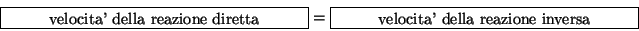 \begin{displaymath}
\fbox{\begin{minipage}{0.4\linewidth}\begin{center}velocita'...
...er}velocita' della reazione inversa\end{center}\end{minipage}}
\end{displaymath}