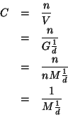 \begin{eqnarray*}
C&=&\frac{n}{V}\\
&=&\frac{n}{G\frac{1}{d}}\\
&=&\frac{n}{nM\frac{1}{d}}\\
&=&\frac{1}{M\frac{1}{d}}\\
\end{eqnarray*}