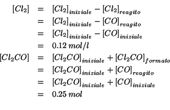 \begin{eqnarray*}
\ConcOf{Cl_2}&=&\ConcOfIdx{Cl_2}{iniziale}-\ConcOfIdx{Cl_2}{re...
...dx{Cl_2CO}{iniziale}+\ConcOfIdx{CO}{iniziale}\\
&=&0.25\;mol\\
\end{eqnarray*}