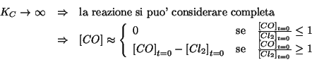 \begin{eqnarray*}
K_C\rightarrow\infty&\Rightarrow&\mbox{la reazione si puo' con...
...itialConcOf{CO}}{\InitialConcOf{Cl_2}}\ge1\\
\end{array}\right.
\end{eqnarray*}