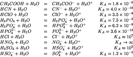 \begin{displaymath}
\begin{array}{lclr}
CH_3COOH+{H_2O}&=&CH_3COO^-+{H_3O^{+}}&K...
...O}&=&SO_4^{2-}+{H_3O^{+}}&K_A=1.2\TimesTenTo{-2}\\
\end{array}\end{displaymath}