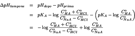 \begin{eqnarray*}
\Delta{pH_{tampone}}&=&pH_{dopo}-pH_{prima}\\
&=&pK_A-\log\fr...
...Of{NaA}-\CZeroOf{HCl}}+\log\frac{\CZeroOf{HA}}{\CZeroOf{NaA}}\\
\end{eqnarray*}