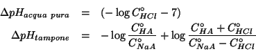 \begin{eqnarray*}
\Delta{pH_{acqua\ pura}}&=&\Parenthesis{-\log\CZeroOf{HCl}-7}\...
...frac{\CZeroOf{HA}+\CZeroOf{HCl}}{\CZeroOf{NaA}-\CZeroOf{HCl}}\\
\end{eqnarray*}