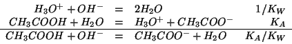 \begin{displaymath}
\begin{array}{rclr}
{H_3O^{+}}+{OH^-}&=&2{H_2O}&1/K_W\\
{CH...
...line
{CH_3COOH}+{OH^-}&=&{CH_3COO^-}+{H_2O}&K_A/K_W
\end{array}\end{displaymath}