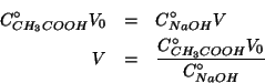 \begin{eqnarray*}
\CZeroOf{{CH_3COOH}}V_0&=&\CZeroOf{NaOH}V\\
V&=&\frac{\CZeroOf{{CH_3COOH}}V_0}{\CZeroOf{NaOH}}
\end{eqnarray*}