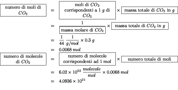 \begin{eqnarray*}
\fbox{\begin{minipage}{0.2\linewidth}\begin{center}numero di m...
...rac{molecole}{mol}\times0.0068\;mol\\
&=&4.0936\times10^{21}\\
\end{eqnarray*}