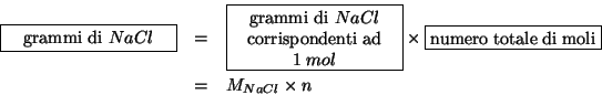 \begin{eqnarray*}
\fbox{\begin{minipage}{0.2\linewidth}\begin{center}grammi di {...
...le di
moli\end{center}\end{minipage}}\\
&=&\MWOf{NaCl}\times{}n
\end{eqnarray*}