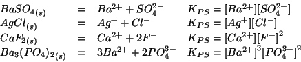 \begin{displaymath}
\begin{array}{lcll}
\Solid{BaSO_4}&=&Ba^{2+}+{SO_4^{2-}}&{K_...
...&{K_{PS}}=\ConcOf{Ba^{2+}}^3\ConcOf{PO_4^{3-}}^2\\
\end{array}\end{displaymath}
