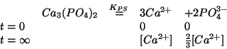 \begin{displaymath}
\begin{array}{lllll}
&Ca_3(PO_4)_2&\stackrel{{K_{PS}}}{=}&3{...
...&&&\ConcOf{{Ca^{2+}}}&\frac{2}{3}\ConcOf{{Ca^{2+}}}
\end{array}\end{displaymath}