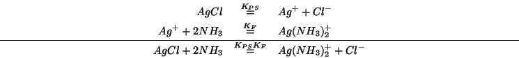 \begin{eqnarray*}
AgCl&\stackrel{{K_{PS}}}{=}&{Ag^+}+{Cl^-}\\
{Ag^+}+2{NH_3}&\s...
...e
AgCl+2{NH_3}&\stackrel{{K_{PS}}{}K_F}{=}&Ag({NH_3})_2^++{Cl^-}
\end{eqnarray*}