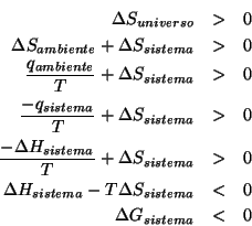 \begin{eqnarray*}
\Delta{}S_{universo}&>&0\\
\Delta{}S_{ambiente}+\Delta{}S_{si...
...}H_{sistema}-T\Delta{}S_{sistema}&<&0\\
\Delta{}G_{sistema}&<&0
\end{eqnarray*}