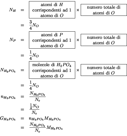 \begin{eqnarray*}
N_H&=&\fbox{\begin{minipage}{.2\linewidth}\begin{center}atomi ...
...MWOf{H_3PO_4}\\
&=&\frac{N_{H_3PO_4}}{N_\circ}\MWOf{H_3PO_4}\\
\end{eqnarray*}