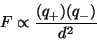 \begin{displaymath}
F\propto\frac{(q_+)(q_-)}{d^2}
\end{displaymath}