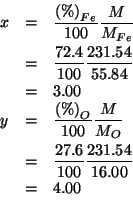 \begin{eqnarray*}
x&=&\frac{\PercentOf{Fe}}{100}\frac{M}{\MWOf{Fe}}\\
&=&\frac{...
...WOf{O}}\\
&=&\frac{27.6}{100}\frac{231.54}{16.00}\\
&=&4.00\\
\end{eqnarray*}