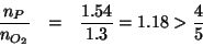 \begin{eqnarray*}
\frac{\NOf{P}}{\NOf{O_2}}&=&\frac{1.54}{1.3}=1.18>\frac{4}{5}
\end{eqnarray*}