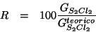 \begin{eqnarray*}
R&=&100\frac{\GOf{S_2Cl_2}}{\GOf{S_2Cl_2}^{teorico}}
\end{eqnarray*}