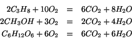 \begin{eqnarray*}
2C_3H_8+10{O_2}&=&6{CO_2}+8{H_2O}\\
2CH_3OH+3{O_2}&=&2{CO_2}+4{H_2O}\\
C_6H_{12}O_6+6{O_2}&=&6{CO_2}+6{H_2O}\\
\end{eqnarray*}