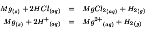 \begin{eqnarray*}
\Solid{Mg}+2\Aqueous{HCl}&=&\Aqueous{{MgCl_2}}+\Gaseous{{H_2}}...
...id{Mg}+2\Aqueous{{H^+}}&=&\Aqueous{{Mg^{2+}}}+\Gaseous{{H_2}}\\
\end{eqnarray*}