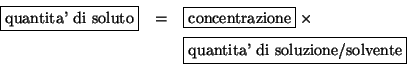 \begin{eqnarray*}
\fbox{quantita' di soluto}&=&\fbox{concentrazione}\times\\
&&\fbox{quantita' di soluzione/solvente}
\end{eqnarray*}