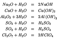 \begin{eqnarray*}
Na_2O+{H_2O}&=&2NaOH\\
CaO+{H_2O}&=&{Ca(OH)_2}\\
{Al_2O_3}+3...
...\\
{SO_3}+{H_2O}&=&{H_2SO_4}\\
{Cl_2O_7}+{H_2O}&=&2{HClO_4}\\
\end{eqnarray*}