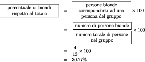 \begin{eqnarray*}
\fbox{\begin{minipage}{0.25\linewidth}\begin{center}percentual...
...d{minipage}}}\times100\\
&=&\frac{4}{13}\times100\\
&=&30.77\%
\end{eqnarray*}