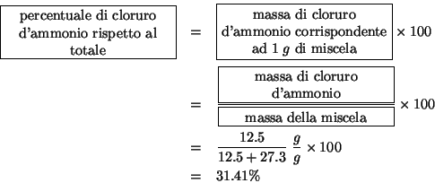 \begin{eqnarray*}
\fbox{\begin{minipage}{0.25\linewidth}\begin{center}percentual...
...\
&=&\frac{12.5}{12.5+27.3}\;\frac{g}{g}\times100\\
&=&31.41\%
\end{eqnarray*}