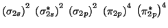 $\Parenthesis{\sigma_{2s}}^2\;\Parenthesis{\sigma_{2s}^{\ast}}^2\;\Parenthesis{\sigma_{2p}}^2\;\Parenthesis{\pi_{2p}}^4\;\Parenthesis{\pi_{2p}^{\ast}}^4$