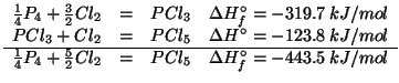 $
\begin{array}{cccr}
\frac{1}{4}P_4+\frac{3}{2}Cl_2&=&PCl_3&\Delta{H^\circ_f}=-...
...}{4}P_4+\frac{5}{2}Cl_2&=&PCl_5&\Delta{H^\circ_f}=-443.5\;kJ/mol\\
\end{array}$