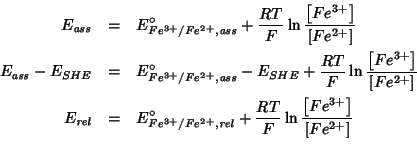 \begin{eqnarray*}
E_{\mathit{ass}}&=&E^\circ_{Fe^{3+}/Fe^{2+},\mathit{ass}}+\fra...
...ac{RT}{F}\ln\frac{\left[Fe^{3+}\right]}{\left[Fe^{2+}\right]}\\
\end{eqnarray*}