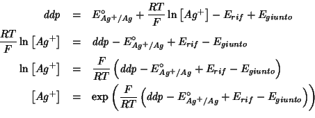 \begin{eqnarray*}
\mathit{ddp}&=&E^\circ_{Ag^+/Ag}+\frac{RT}{F}\ln\left[Ag^+\rig...
...athit{ddp}-E^\circ_{Ag^+/Ag}+E_{rif}-E_{giunto}\right)\right)\\
\end{eqnarray*}