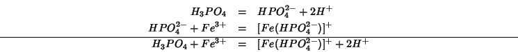 \begin{eqnarray*}
H_3PO_4&=&HPO_4^{2-}+2H^+\\
HPO_4^{2-}+Fe^{3+}&=&[Fe(HPO_4^{2-})]^+\\ \hline
H_3PO_4+Fe^{3+}&=&[Fe(HPO_4^{2-})]^++2H^+
\end{eqnarray*}