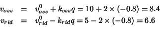 \begin{eqnarray*}
v_{oss}&=&v^0_{oss}+k_{oss}q=10+2\times(-0.8)=8.4\\
v_{rid}&=&v^0_{rid}-k_{rid}q=5-2\times(-0.8)=6.6\\
\end{eqnarray*}