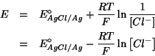 \begin{eqnarray*}
E&=&E^{\circ}_{AgCl/Ag}+\frac{RT}{F}\ln\frac{1}{\left[Cl^-\right]}\\
&=&E^{\circ}_{AgCl/Ag}-\frac{RT}{F}\ln\left[Cl^-\right]
\end{eqnarray*}