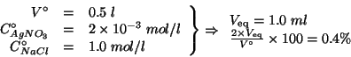 \begin{displaymath}
\left.
\begin{array}{rcl}
V^\circ&=&0.5\;l\\
C^\circ_{AgNO_...
...c{2\times{}V_{\mathrm{eq}}}{V^\circ}\times100=0.4\%
\end{array}\end{displaymath}