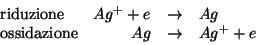 \begin{displaymath}
\begin{array}{lrcl}
\mathrm{riduzione}&Ag^++e&\rightarrow&Ag\\
\mathrm{ossidazione}&Ag&\rightarrow&Ag^++e\\
\end{array}\end{displaymath}