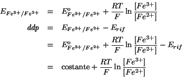 \begin{eqnarray*}
E_{Fe^{3+}/Fe^{2+}}&=&E^\circ_{Fe^{3+}/Fe^{2+}}+\frac{RT}{F}\l...
...&=&\mbox{costante}+\frac{RT}{F}\ln\frac{[Fe^{3+}]}{[Fe^{2+}]}\\
\end{eqnarray*}