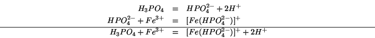 \begin{eqnarray*}
H_3PO_4&=&HPO_4^{2-}+2H^+\\
HPO_4^{2-}+Fe^{3+}&=&[Fe(HPO_4^{2-})]^+\\ \hline
H_3PO_4+Fe^{3+}&=&[Fe(HPO_4^{2-})]^++2H^+
\end{eqnarray*}