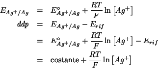 \begin{eqnarray*}
E_{Ag^+/Ag}&=&E^\circ_{Ag^+/Ag}+\frac{RT}{F}\ln\left[Ag^+\righ...
..._{rif}\\
&=&\mbox{costante}+\frac{RT}{F}\ln\left[Ag^+\right]\\
\end{eqnarray*}