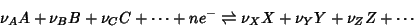 \begin{displaymath}
\nu_AA+\nu_BB+\nu_CC+\cdots+ne^-\rightleftharpoons \nu_XX+\nu_YY+\nu_ZZ+\cdots
\end{displaymath}