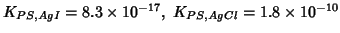 $K_{PS,AgI}=8.3\times 10^{-17},\;K_{PS,AgCl}=1.8\times 10^{-10}$