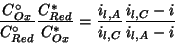 \begin{displaymath}
\frac{C^\circ_{Ox}}{C^\circ_{Red}}\frac{C^*_{Red}}{C^*_{Ox}}=\frac{i_{l,A}}{i_{l,C}}\frac{i_{l,C}-i}{i_{l,A}-i}
\end{displaymath}