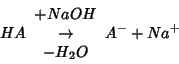 \begin{displaymath}
HA\begin{array}{c}+NaOH\\ \rightarrow \\ -H_2O\end{array}{}A^-+Na^+
\end{displaymath}