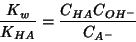 \begin{displaymath}
\frac{K_w}{K_{HA}}=\frac{C_{HA}C_{OH^-}}{C_{A^-}}
\end{displaymath}